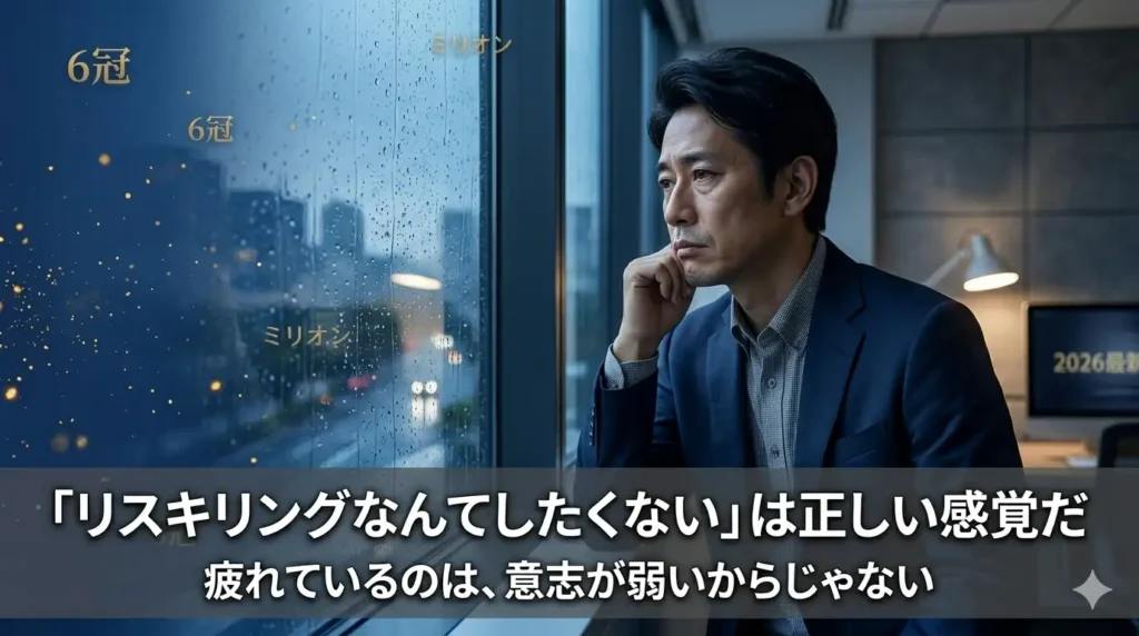 薄暗いオフィスで雨を眺める40代男性の横顔。リスキリングへの疲弊感を静かに表現したイメージ画像。