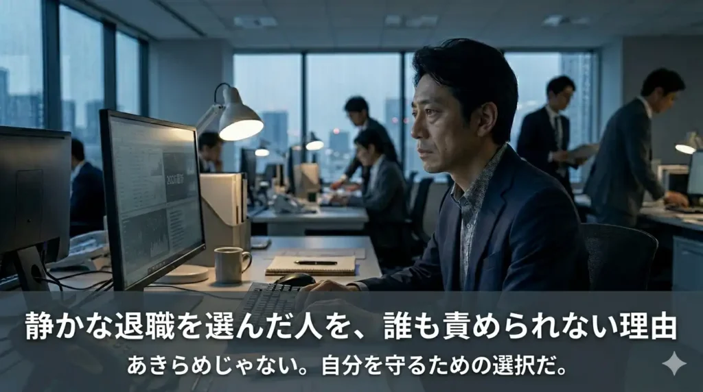 薄暗いオフィスで画面を見つめながら遠くを見ている40代会社員。静かな退職を選んだ人の内側にある疲弊感を表したイメージ画像。