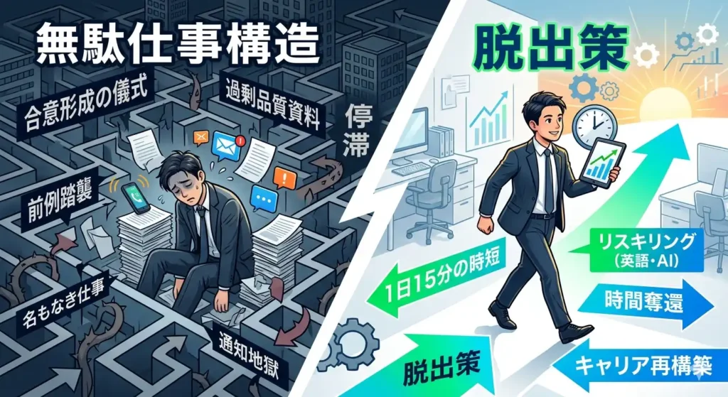 日本企業の無駄仕事構造に消耗する氷河期世代の会社員と、1日15分の時短術・英語・AIリスキリングで時間奪還とキャリア再構築を目指す姿の対比図