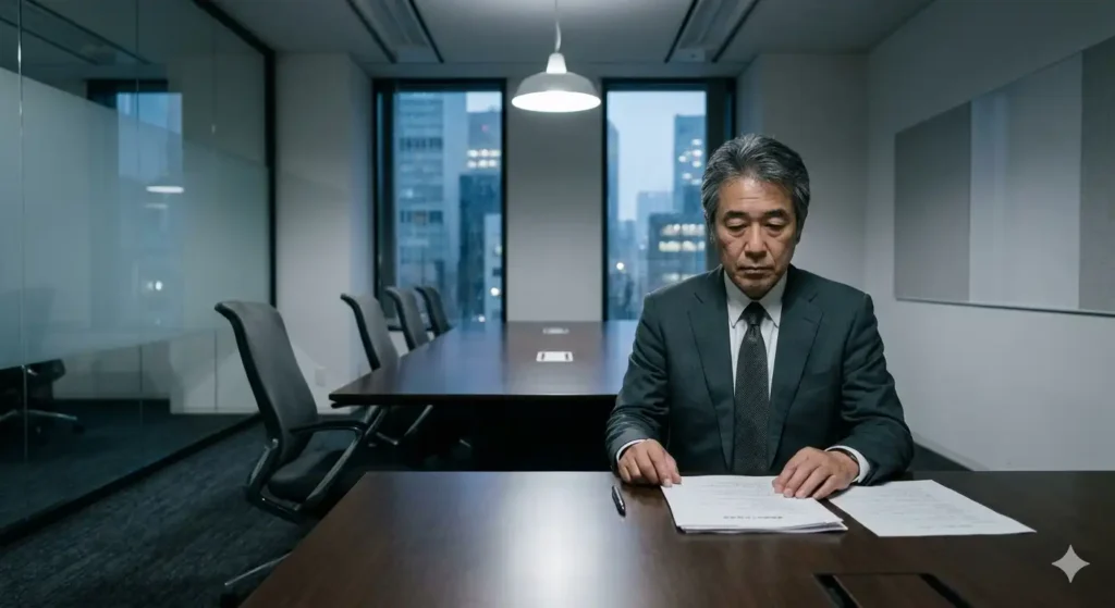 夜間、薄暗い企業の会議室で、一人デスクに座り、置かれた書類を見つめる50代の男性会社員。頭上の単一の照明が、静寂な空間と彼の calmだが疲労感を帯びた表情を照らしている。隣の椅子は空席で、mutedなトーンで統一されたシネマティックな写真。