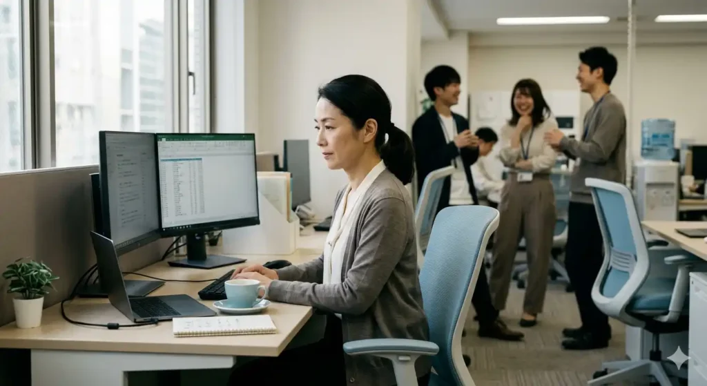 賑やかなオープンオフィスで、背景で談笑する同僚たちから少し離れ、冷静にPC画面に集中する40代の女性会社員。周囲の喧騒とは一線を画す静かな境界線を感じさせる佇まいで、窓からの柔らかな自然光が差し込んでいる。暖かみのあるグレーや淡いブルーを基調とした、シネマティックで洗練された写真。