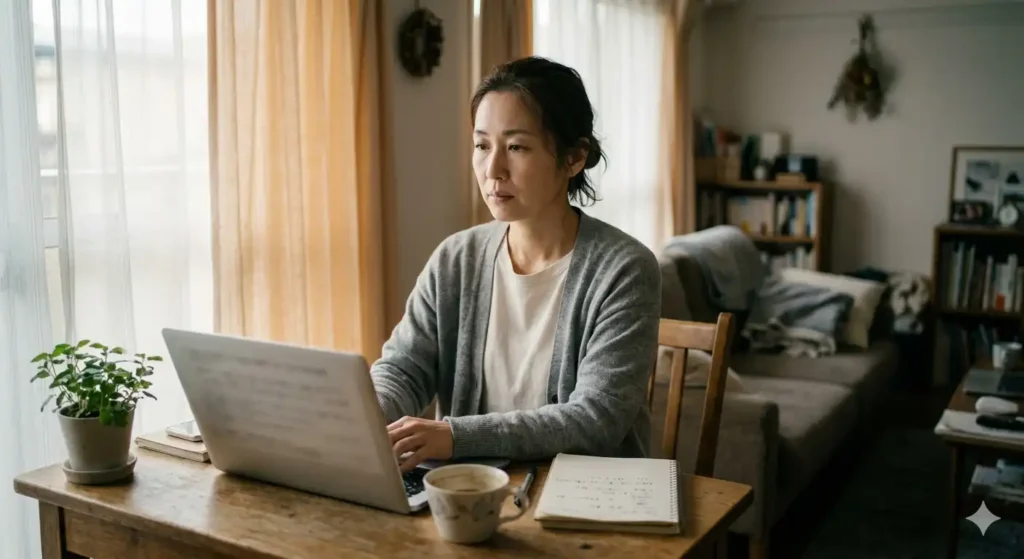 自宅のデスクで一人、ノートパソコンの画面を少し虚ろな表情で見つめる40代の日本人女性リモートワーカー。カーテン越しの柔らかな光が差し込む静かな室内には、コーヒーカップやノートが置かれ、仕事とプライベートの境界が曖昧になった日常の空気感を漂わせている。暖かみのあるホワイトと淡いグレーを基調とした、シネマティックで思索的な写真。