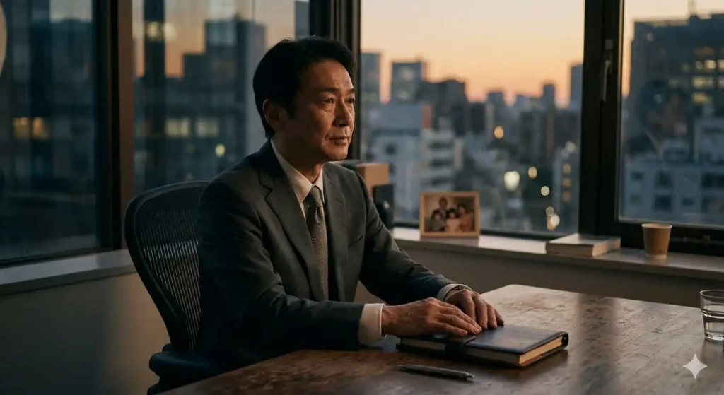 薄暮のオフィスで、窓辺のデスクに座り、閉じたノートの上に静かに手を置く50代の日本人男性会社員。窓からの温かい夕日が、長年の疲労と静かな威厳が入り混じった、 calmだが重みを帯びた表情を照らしている。背景には家族の写真がかすかに見え、深い琥珀色と暖かみのあるグレーを基調とした、シネマティックで思索的な写真。