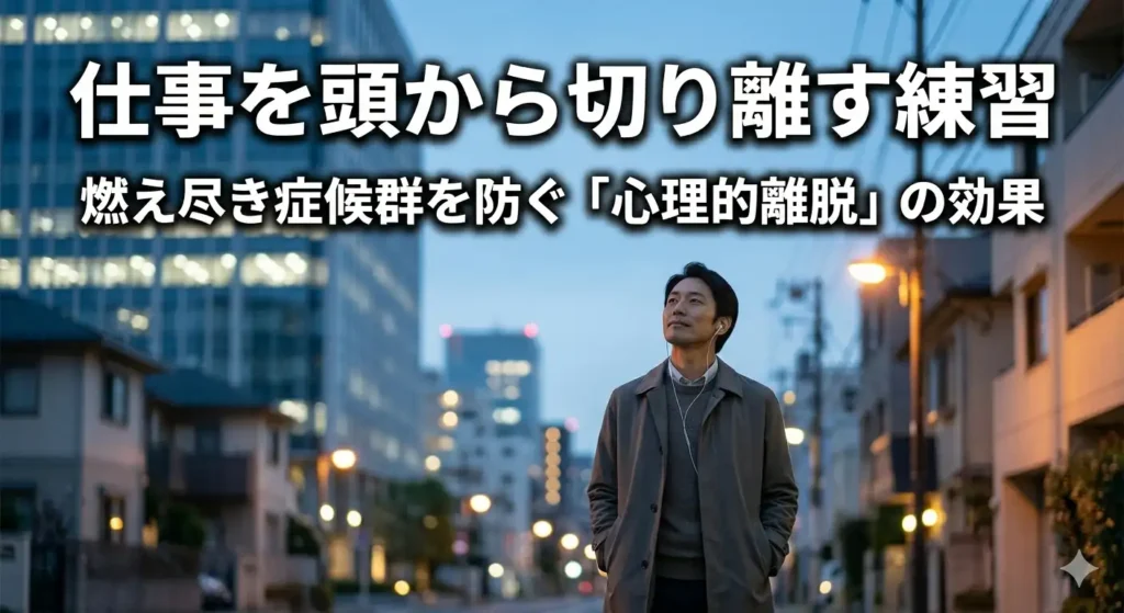 夕暮れの帰り道を歩く30〜40代。オフィスを背に、仕事を頭から切り離し始めた静かな解放の場面。