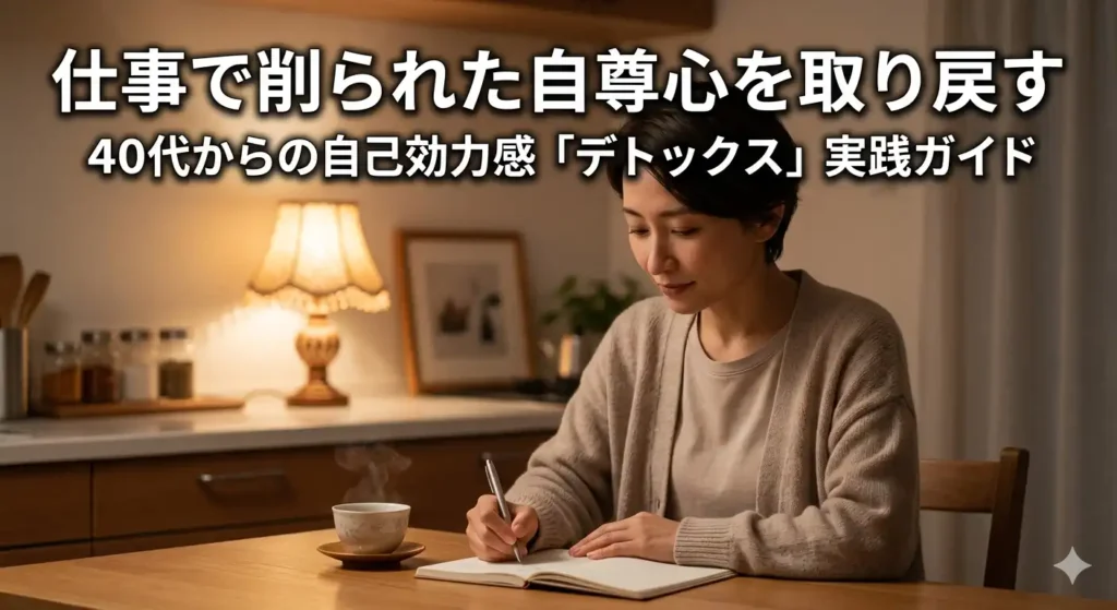 夜の自宅でノートに書き物をする40代。削られた自尊心を静かに取り戻す、内省と回復の始まりを象徴する場面。