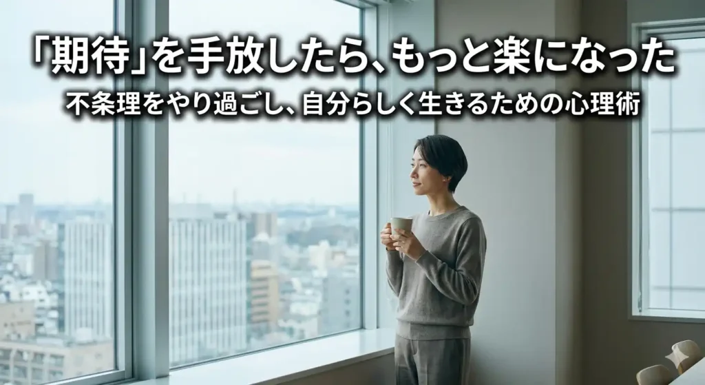 休憩室の窓際でコーヒーを手に外を見つめる40代。組織への期待を手放し、静かな解放感を取り戻した瞬間を象徴する場面。