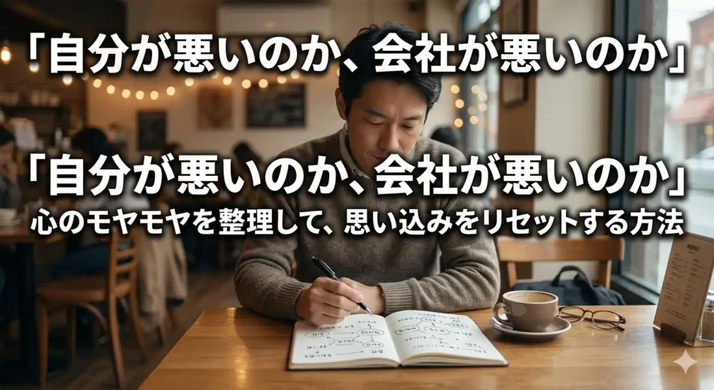 カフェでノートに向き合う30〜40代の会社員。職場のモヤモヤを一人で整理し、思い込みをほぐそうとする内省の場面。