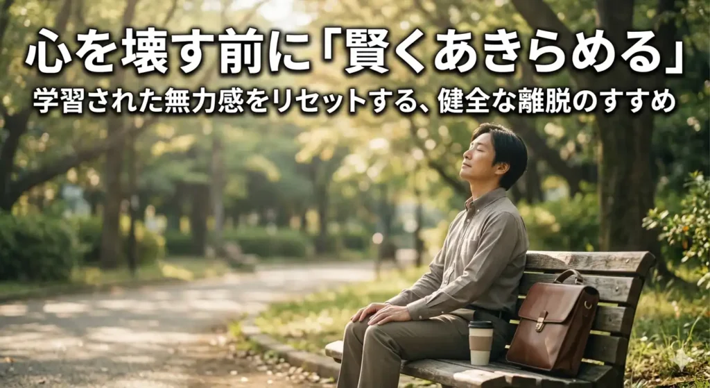 昼休みに公園のベンチで目を閉じる40代。学習性無力感から距離を置き、賢くあきらめる静かな解放感を象徴する場面。