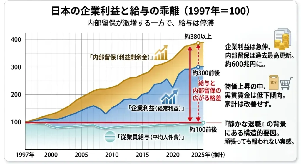 企業の貯金(内部留保)は25年で3.8倍以上に激増(約600兆円)した一方で、私たちの給与は驚くほど横ばいのまま(1997年=100)。
グラフが示すこの圧倒的な「歪み」こそが、「頑張っても報われない」という冷めた合理的判断、すなわち「静かな退職」を生み出す構造的な要因であることを視覚化しています。