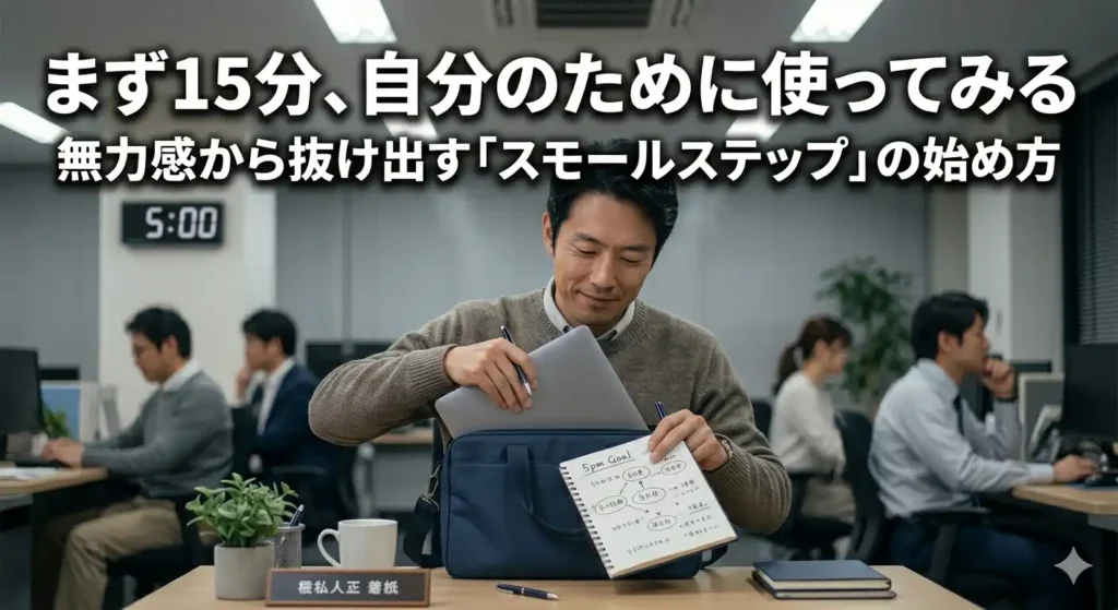 定時にデスクを片付ける30〜40代の会社員。静かな退職の「線引き」を静かな決意で実践し始めた瞬間を象徴する場面。