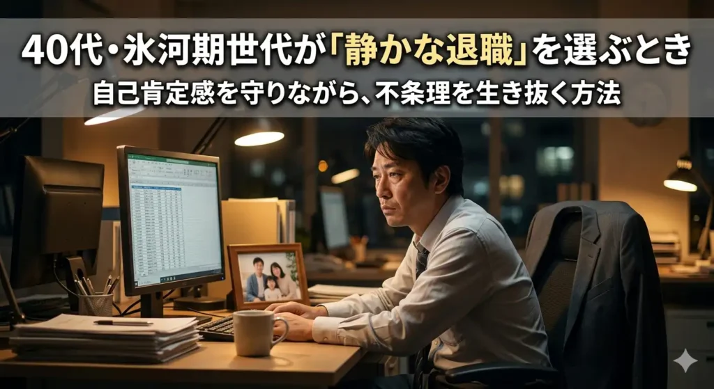残業後のオフィスで一人画面を見つめる40代。氷河期世代の静かな疲弊と、静かな退職を選ぶまでの積み重ねを象徴する場面。