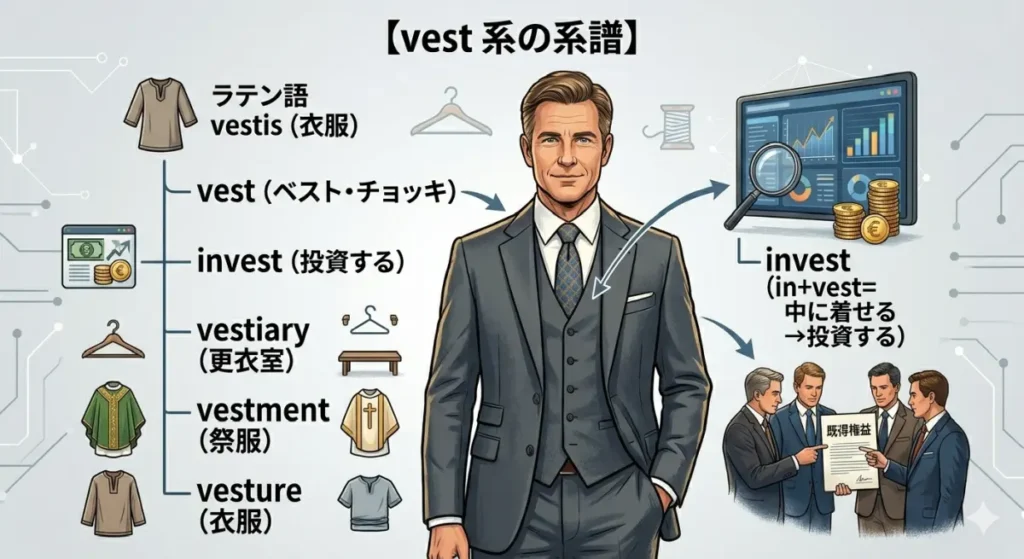 「vest(衣服)」を語源とする英単語の系譜を視覚的に解説するインフォグラフィック。
中央にはスリーピース・スーツを着用した男性が立っており、左側にはリスト形式で単語の派生が示されている。