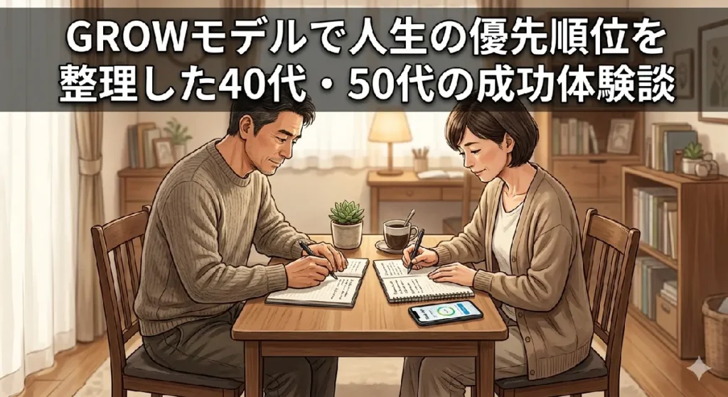 「GROWモデルで人生の優先順位を整理した40代・50代の成功体験談」という見出しと共に、机で学習する男女のイラスト