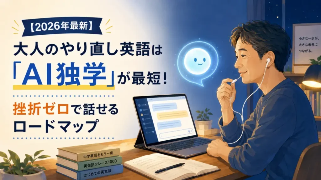 夜の自宅でマイク付きイヤホンを使い、AIと英語を話して独学する40代の大人のイラスト