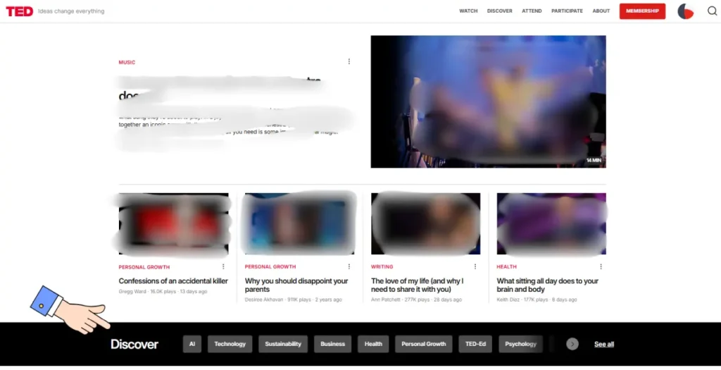 TED Talksのトップページ。自分の関心のある分野を選ぶDiscoverの部分を示す画像