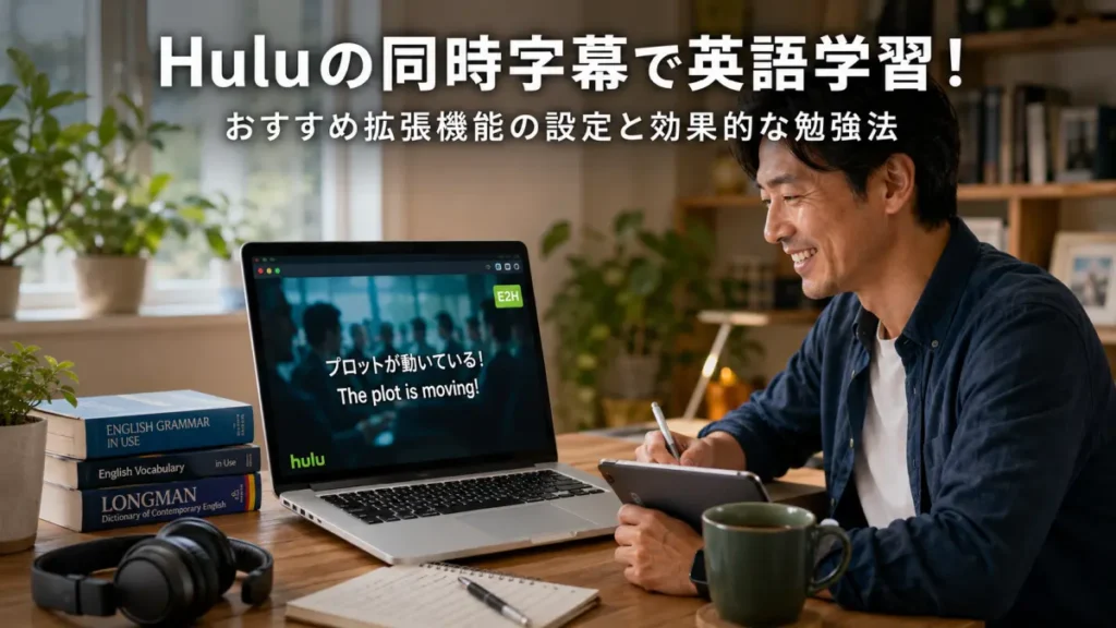 Huluの同時字幕機能を活用して英語学習に取り組む40代男性。自然光が差し込む落ち着いたホームオフィスで、ノートPCに表示された日本語・英語の二言語字幕を見ながら学習している。デスクには英語教材や辞書、ヘッドホンが整然と並び、タブレットにメモを取りながら楽しそうに学ぶ様子が描かれている。Huluと拡張機能を活用した自宅での英語学習環境をイメージしたブログ用アイキャッチ画像。
