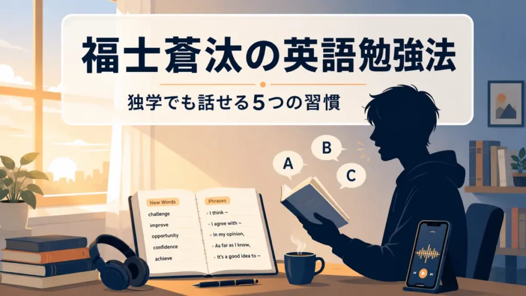福士蒼汰の独学英語勉強法を表すアイキャッチ。音読する人物のシルエットと単語帳・ヘッドホンのイラスト