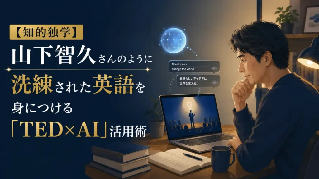 ノートパソコンでプレゼン動画を見ながらAIを使って英語を独学する40代の大人のイラスト