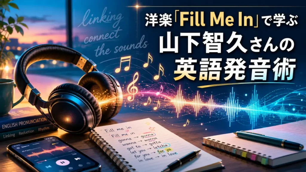 洋楽を使った英語の発音練習をイメージしたアイキャッチ。ヘッドホンから音符と音声波形が広がり、山下智久さんの英語発音術『Fill Me In』活用法を表す