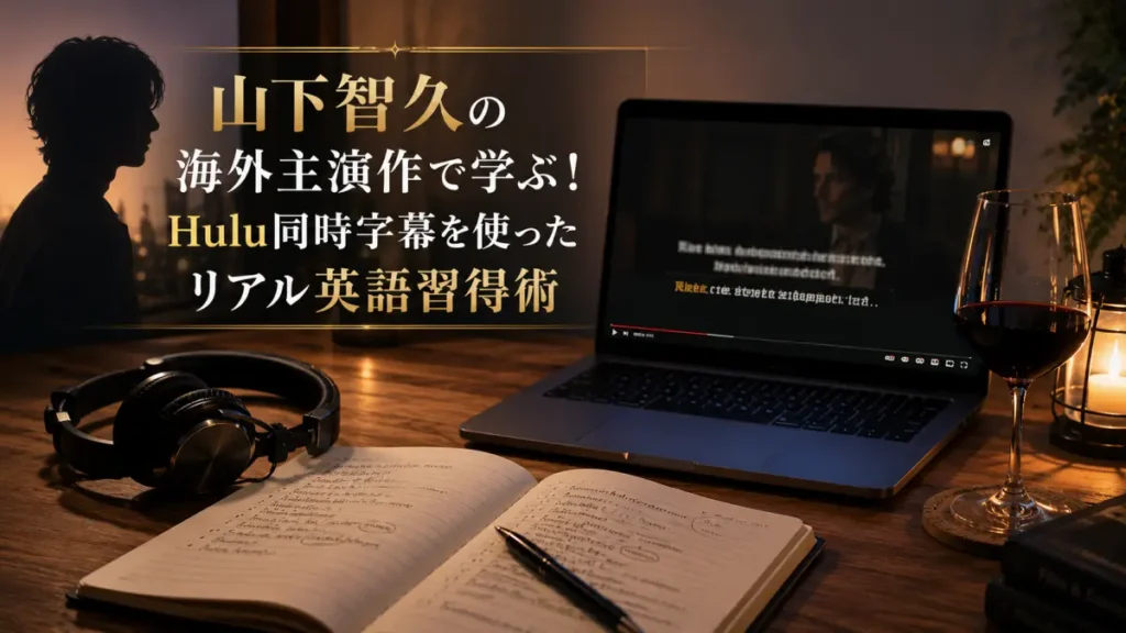 ノートパソコンで海外ドラマを日英同時字幕で再生し、赤ワインのグラスとノートを置いて英語学習する机の上のイメージ