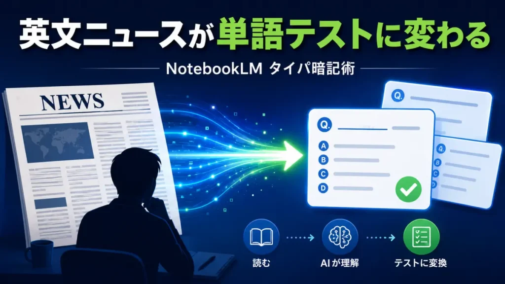 英文ニュース記事がNotebookLMで英単語テストに変換される流れを示したアイキャッチ画像。左の英字紙面から右の穴埋め4択カードへ矢印が伸びる