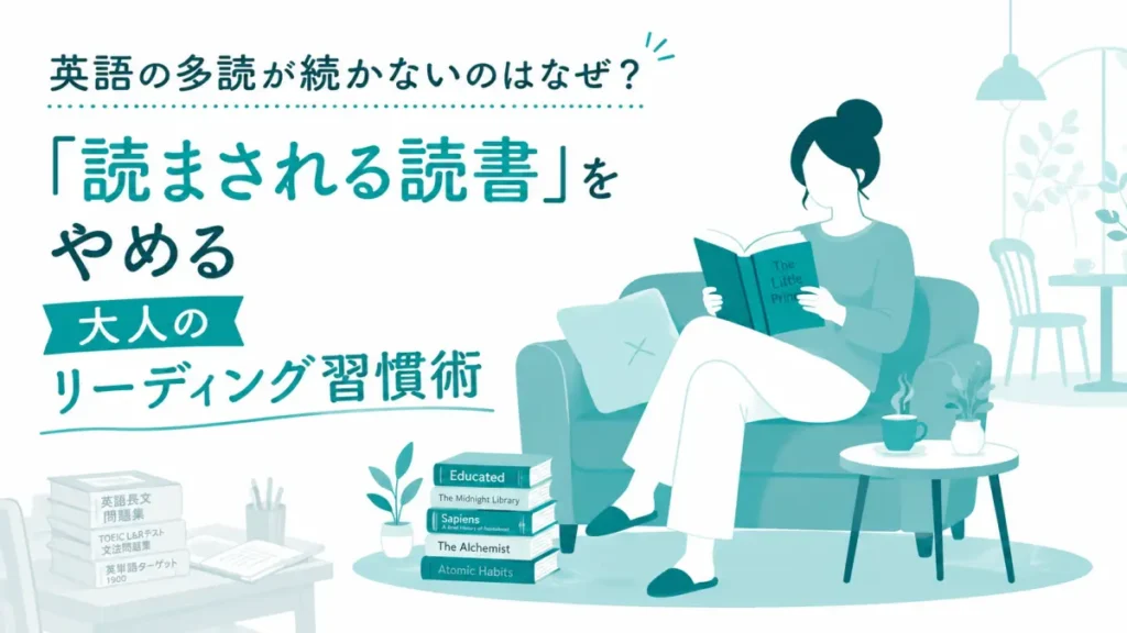 英語の多読が続かない理由と大人のリーディング習慣術の解説記事アイキャッチ|リラックスして洋書を読む人物と読了した本のイラスト