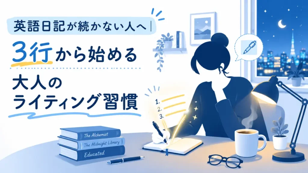 英語日記が続かない理由と3行から始めるライティング習慣術の解説記事アイキャッチ|ノートに3行の日記を書く人物のイラスト