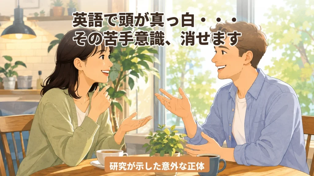 英語で頭が真っ白になる苦手意識を消すヒント｜カフェでリラックスして英会話する男女のイラスト