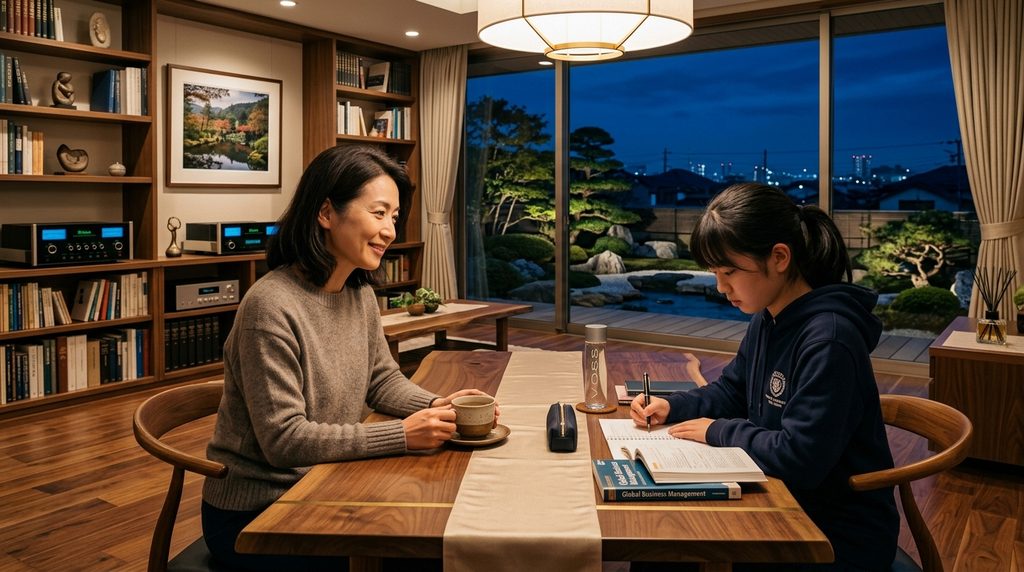 大学受験を控えた子どもを、少し離れた場所から静かに見守る母親