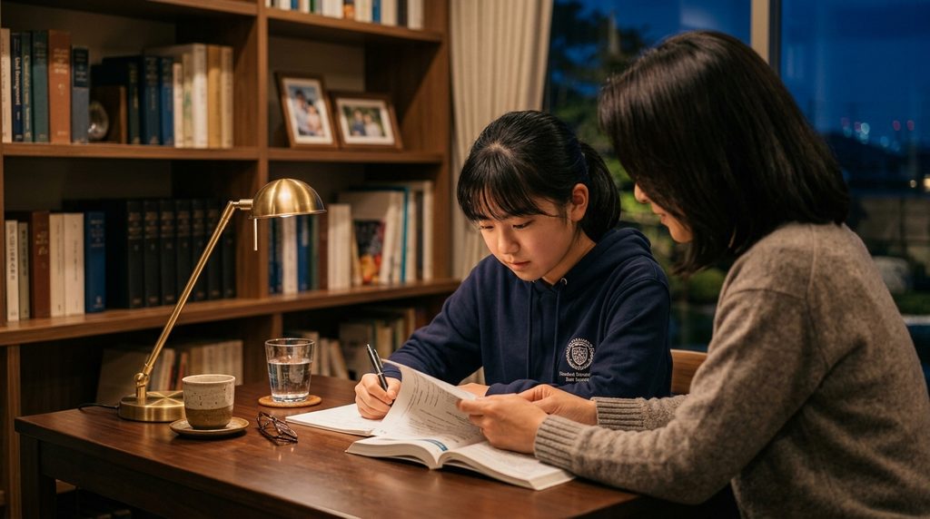 自宅で受験勉強の資料を一緒に見ながら相談する高校生と家族