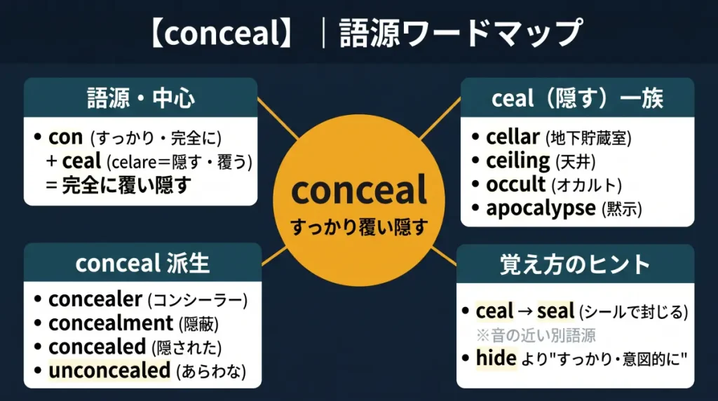 conceal の語源ワードマップ。中心は conceal（＝すっかり覆い隠す）で、con（すっかり・完全に）＋ceal（celare＝隠す・覆う）に分解。ceal（隠す）一族（cellar / ceiling / occult / apocalypse）、conceal 派生（concealer / concealment / concealed / unconcealed）、覚え方のヒント（ceal→seal・※別語源）の4クラスタに整理した図。