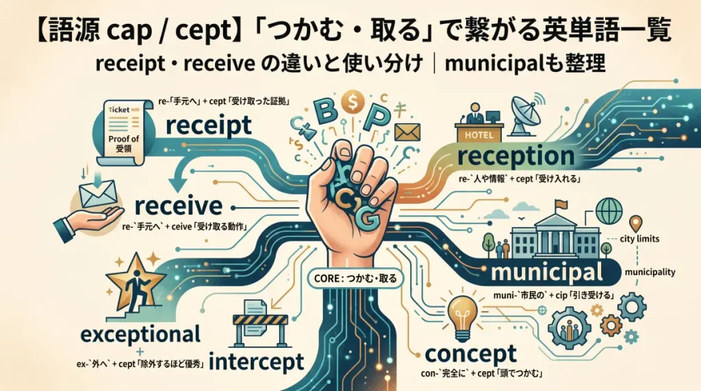 【語源 cap / cept】「つかむ・取る」で繋がる英単語一覧（receiptとreceiveの違い・municipalの語源体系図解）