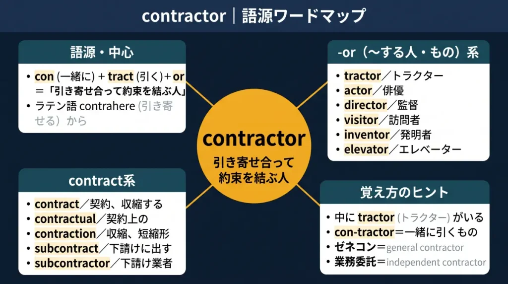 contractor の語源ワードマップ。中心は contractor(=引き寄せ合って約束を結ぶ人)で、con(一緒に)+tract(引く)+or(人)に分解。覚え方のヒント(中に tractor がいる/ゼネコン=general contractor/業務委託=independent contractor)、-or(〜する人・もの)系(tractor / actor / director / visitor / inventor / elevator)、contract系(contract / contractual / contraction / subcontract / subcontractor)の4クラスタに整理した図。