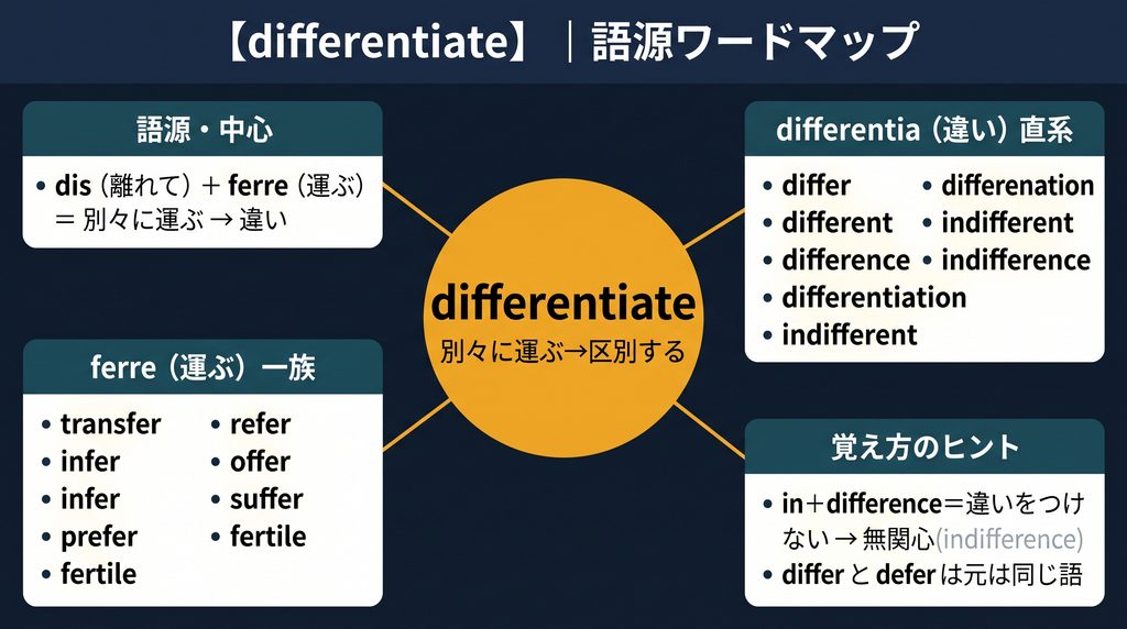 differentiate の語源ワードマップ。中心は differentiate(=dis〈離れて〉+ferre〈運ぶ〉で「別々に運ぶ」)。differentia(違い)直系の語群(differ/different/difference/differential/differentiation/indifferent/indifference)、ferre(運ぶ)一族(transfer/refer/infer/prefer/offer/suffer/fertile)、覚え方のヒント(indifferenceが無関心になる筋道、differとdeferが同語源)の4クラスターに整理した図。