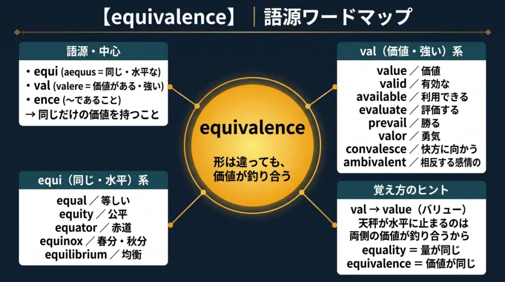 equivalence の語源ワードマップ。中心は equivalence（＝形は違っても価値が釣り合うこと）で、equi（aequus＝同じ・水平な）＋val（valere＝価値がある・強い）＋ence に分解。val（価値・強い）一族（value / valid / available / evaluate / prevail / valor / convalesce / ambivalent）、equi（同じ・水平）一族（equal / equity / equator / equinox / equilibrium）、覚え方のヒント（val→value、天秤が水平に止まるのは両側の価値が釣り合うから）の4クラスタに整理した図。