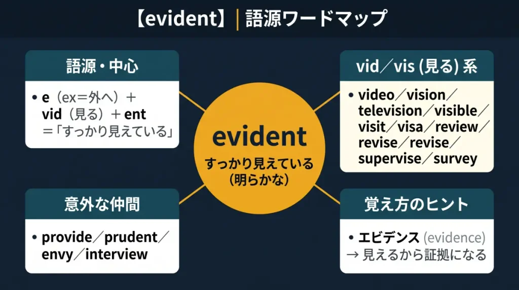 evident の語源ワードマップ。中心は evident（＝すっかり見えている・明らかな）で、e（ex＝外へ）＋vid（見る）＋entに分解。vid／vis（見る）一族（video／vision／television／visible／visit／visa／review／revise／supervise／survey）、意外な仲間（provide／prudent／envy／interview）、覚え方のヒント（エビデンス→見えるから証拠になる）の4クラスタに整理した図。