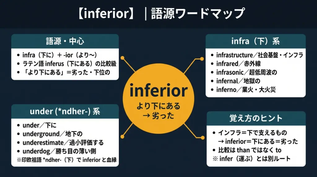 inferior の語源ワードマップ。中心は inferior(=より下にある、劣った)で、infra(下に)+-ior(より〜)に分解。語源・中心(ラテン語 inferus の比較級)、infra(下)系(infrastructure / infrared / infrasonic / infernal / inferno)、under系(under / underground / underestimate / underdog、印欧祖語 *ndher- で血縁)、覚え方のヒント(インフラ=下で支えるもの、比較は than ではなく to、infer とは別ルート)の4クラスタに整理した図。