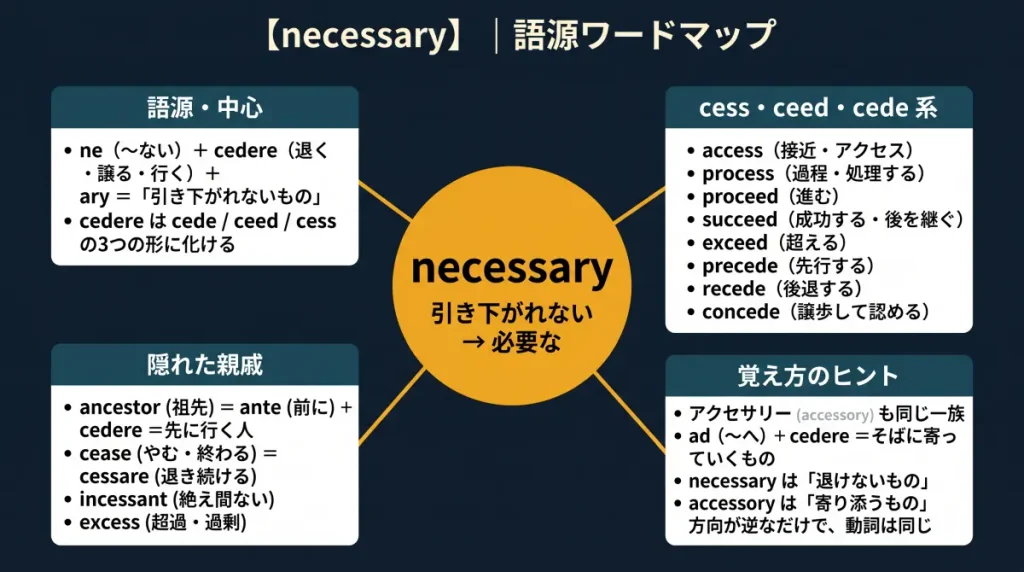 necessary の語源ワードマップ。中心は necessary(=引き下がれない→必要な)で、
ne(〜ない)+cedere(退く・譲る・行く)+ary に分解。語源・中心、cess/ceed/cede 系
(access / process / proceed / succeed / exceed / precede / recede / concede)、
隠れた親戚(ancestor / cease / incessant / excess)、覚え方のヒント
(アクセサリー accessory も同じ cedere の一族)の4クラスタに整理した図。