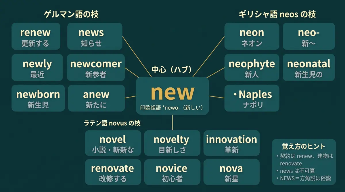 【語源で覚える】new｜ネオンの「ネオ」は、new と同じ「新しい」