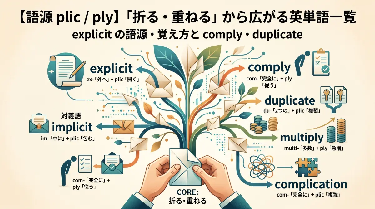 【語源 plic / ply】「折る・重ねる」で広がる英単語一覧｜explicitの語源・覚え方とimplicit・duplicate・multiply
