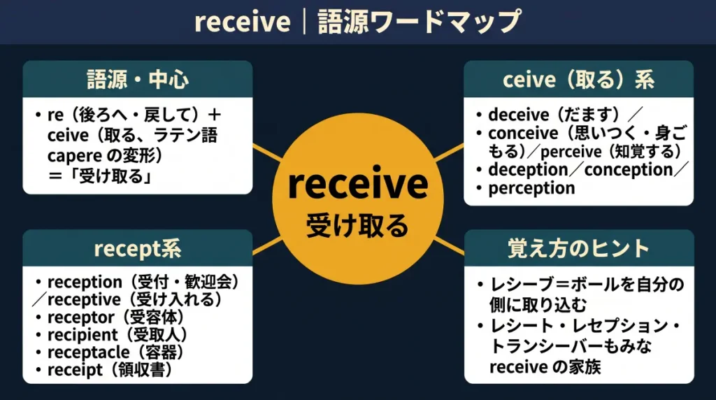 receive の語源ワードマップ。中心は receive(=受け取る)で、re(後ろへ)+ceive(取る)に分解。ceive(取る)一族(deceive/conceive/perceive)、recept一族(reception/receptive/receptor/recipient/receptacle/receipt)、覚え方のヒント(レシーブ=ボールを自分の側に取り込む)の4クラスターに整理した図。