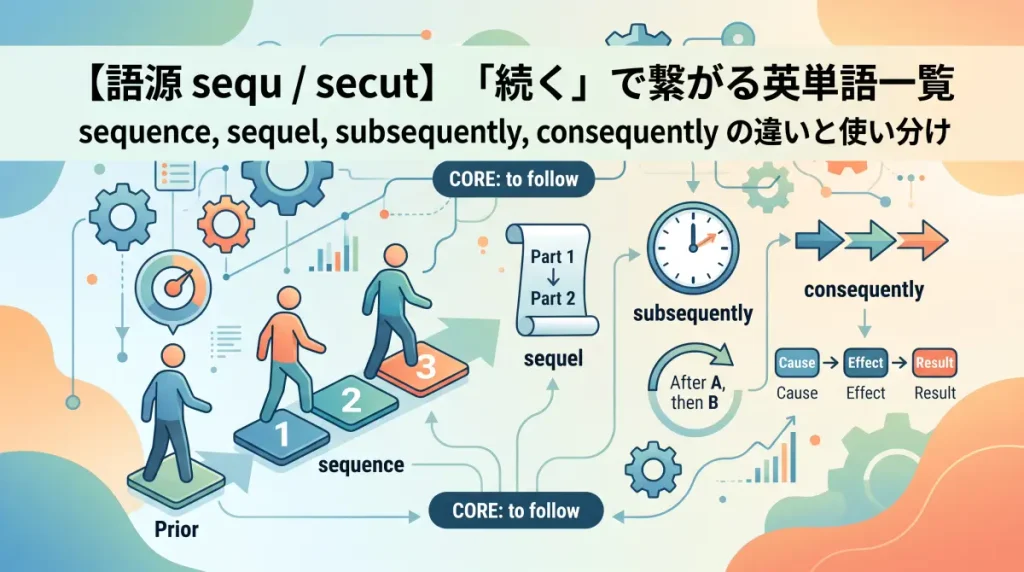 【語源 sequ / secut】「続く」で繋がる英単語一覧(sequence・sequel・subsequently・consequentlyの違いと使い分け図解)