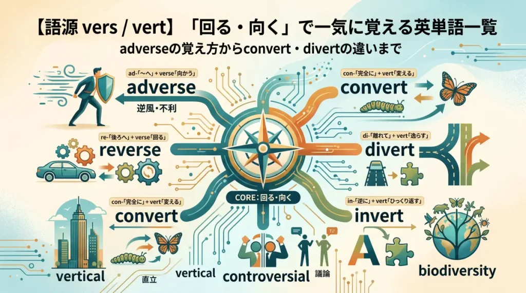 語源 vers / vert】「回る・向く」で一気に覚える英単語一覧(adverseの覚え方とconvert・divert・invertの違い図解)